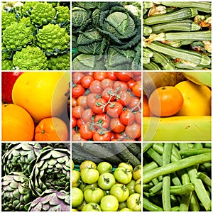 Collage of vegetables and fruits, concept of health and wellness. Vegan diet.