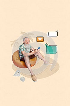 Collage vertical 3d pop poster image of happy retired man sit bean bag relax resort abroad chatting friends isolated