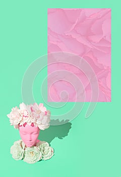 Collage vertical wallpaper. Dummy fashion flowers girl. Spring is coming concept. Greeting card