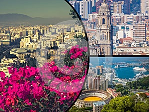 Collage of View of Malaga with bullring and harbor. Spain