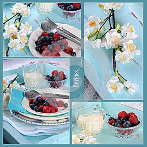 Collage of vintage aqua blue tray setting with berries