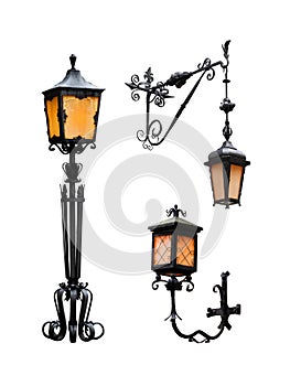 collage vintage street night lamp isolated on white background