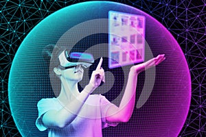 Collage of virtual reality. Portrait of young woman in VR glasses choice food at internet shop, point at digital screen