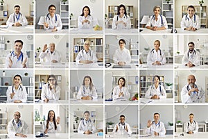 Collage of webcam views of diverse doctors greeting each other in online meeting