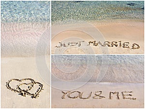 Collage of wedding messages written on sand