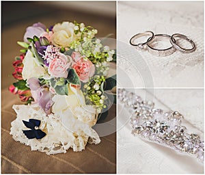 Collage from wedding photos, bridal accessories