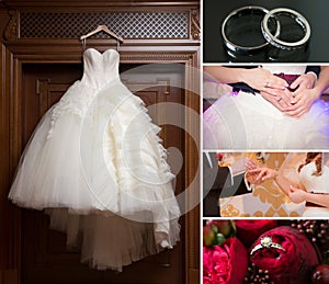 Collage of wedding photos. Bridal bouquet, dress, beautiful decoration, flowers and floral, ceremony