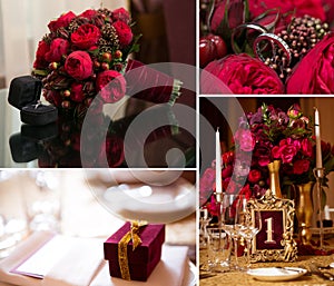 Collage of wedding photos. Bridal bouquet, dress, beautiful decoration, flowers and floral, ceremony