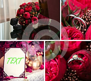 Collage of wedding photos. Bridal bouquet, dress, beautiful decoration, flowers and floral, ceremony