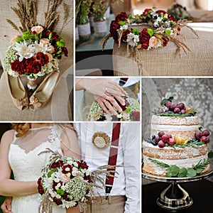 Collage of wedding photos. Decor and bouquet accessories