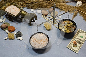 Collage with weights, sea iodized salt and money.