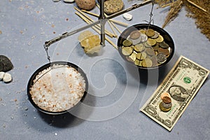 Collage with weights, sea iodized salt and money.