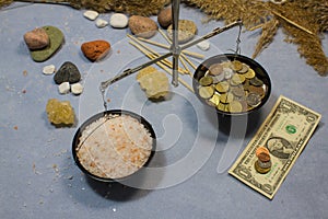 Collage with weights, sea iodized salt and money.