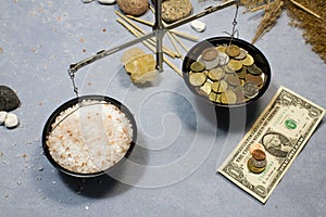 Collage with weights, sea iodized salt and money.