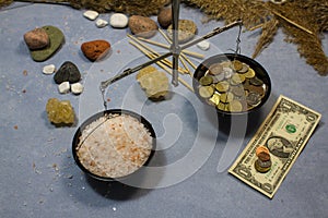 Collage with weights, sea iodized salt and money.