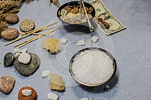 Collage with weights, sea iodized salt and money.