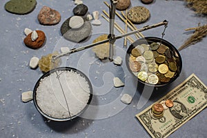 Collage with weights, sea iodized salt and money.