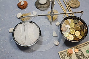 Collage with weights, sea iodized salt and money.