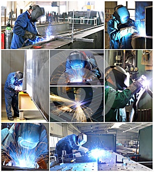 Collage with welders at the workplace in industry