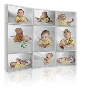 Collage on white as TV from many photos child
