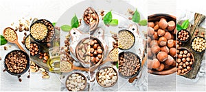 Collage. White background of nuts.