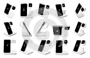 Collage with wireless chargers and gadgets on background