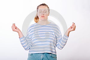 Collage of woman with calm and relaxed expression, standing in yoga pose with spread arms