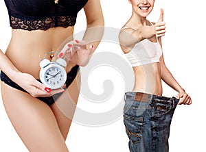 Collage of woman with clock and woman in big jeans.