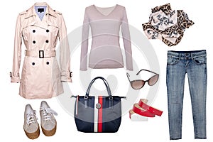 Collage woman clothes. Set of a stylish and trendy women coat, a blouse or shirt, white shoes, a handbag, a jeans and other