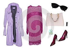 Collage woman clothes. Set of stylish and trendy women coat, dress, shoes and accessories isolated on a white background. Latest