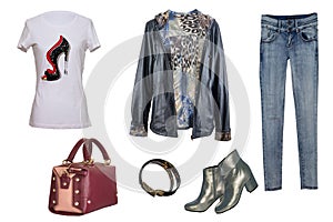 Collage woman clothes. Set of stylish and trendy women jacket, blouse or shirt, jeans, shoes and accessories isolated on a white