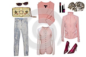 Collage woman clothes. Set of a stylish and trendy women jeans, pink blouse or shirt, red high-heeles, pink jacket, sweater and