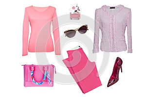 Collage woman clothes. Set of a stylish and trendy women trousers, pink blouse or shirt, red high-heeles, pink handbag, sweater