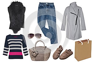 Collage woman clothing. Set of a stylish and trendy waistcoat with fur, shoes, a blouse or shirt, jeans,  handbag and paper bag