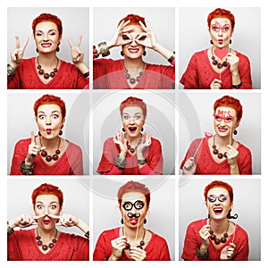 Collage of woman different facial expressions.