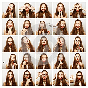 Collage of woman different facial expressions.