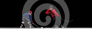 Collage of woman and girl, professional hockey players in motion, training isolated over black background