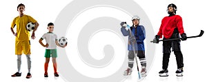 Collage of woman and girl, professional hockey players, young and teen boy, football players posing isolated over white