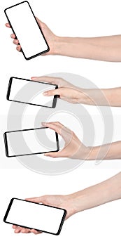 Collage woman hand holding the black new smartphone with blank screen isolated white background. set female  hands using phone