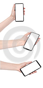 Collage woman hand holding the black new smartphone with blank screen isolated white background. set female  hands using phone