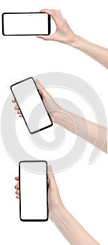 Collage woman hand holding the black new smartphone with blank screen isolated white background. set female  hands using phone