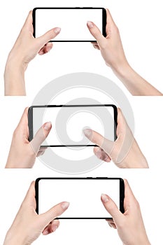 Collage woman hand holding the black new smartphone with blank screen isolated white background. set female  hands using phone