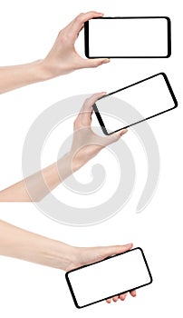 Collage woman hand holding the black new smartphone with blank screen isolated white background. set female  hands using phone