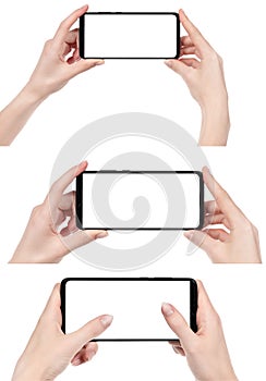 Collage woman hand holding the black new smartphone with blank screen isolated white background. set female  hands using phone