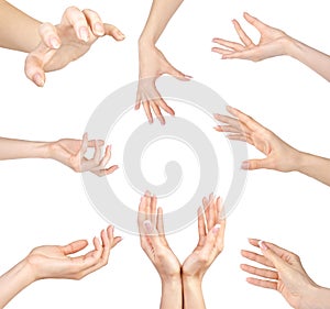 Collage of woman Hands gestures set, on white photo