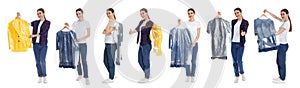 Collage of woman holding hanger with clothes on background. Dry-cleaning service