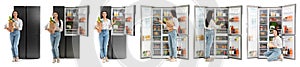 Collage of woman near open refrigerators on background