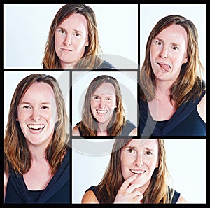 Collage, woman and portrait in studio with funny face, happiness and acting crazy. Composite, female person and isolated