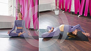 Collage woman practicing yoga in studio
