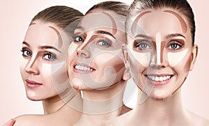 Collage of woman`s faces with contouring makeup.